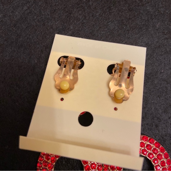 Crystal Collection Women’s Red Sparkling Double Disc Clip On Earrings. - Picture 2 of 3